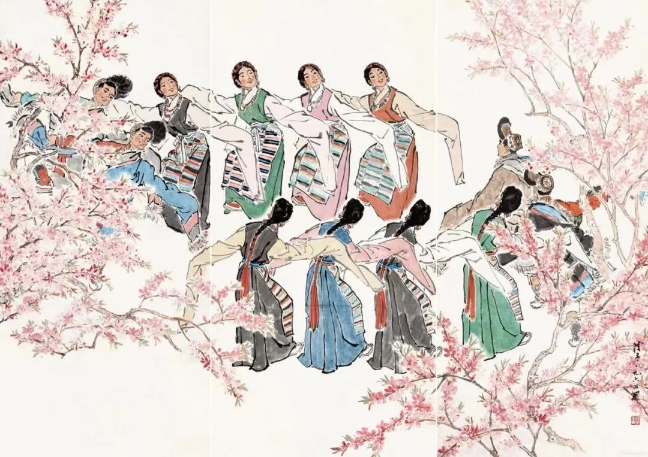 葉淺予高原之春紙本設色211cm×98cm、211cm×105cm、211cm×98cm1964年